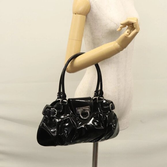 Salvatore Ferragamo Hand Bag Enamel Black Silver Auth - Picture 1 of 16